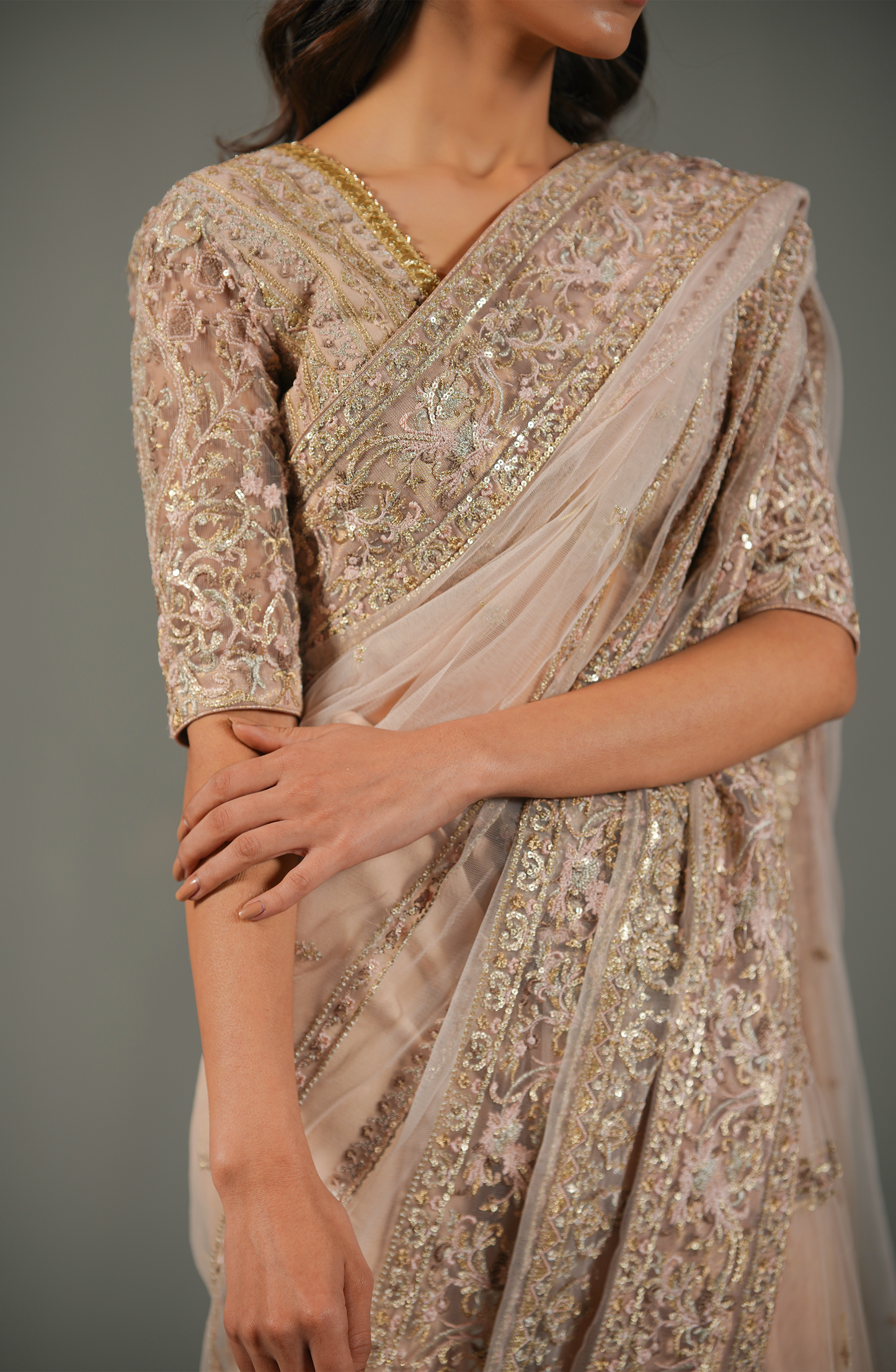 Misty Pink - Embroidered Saree Set