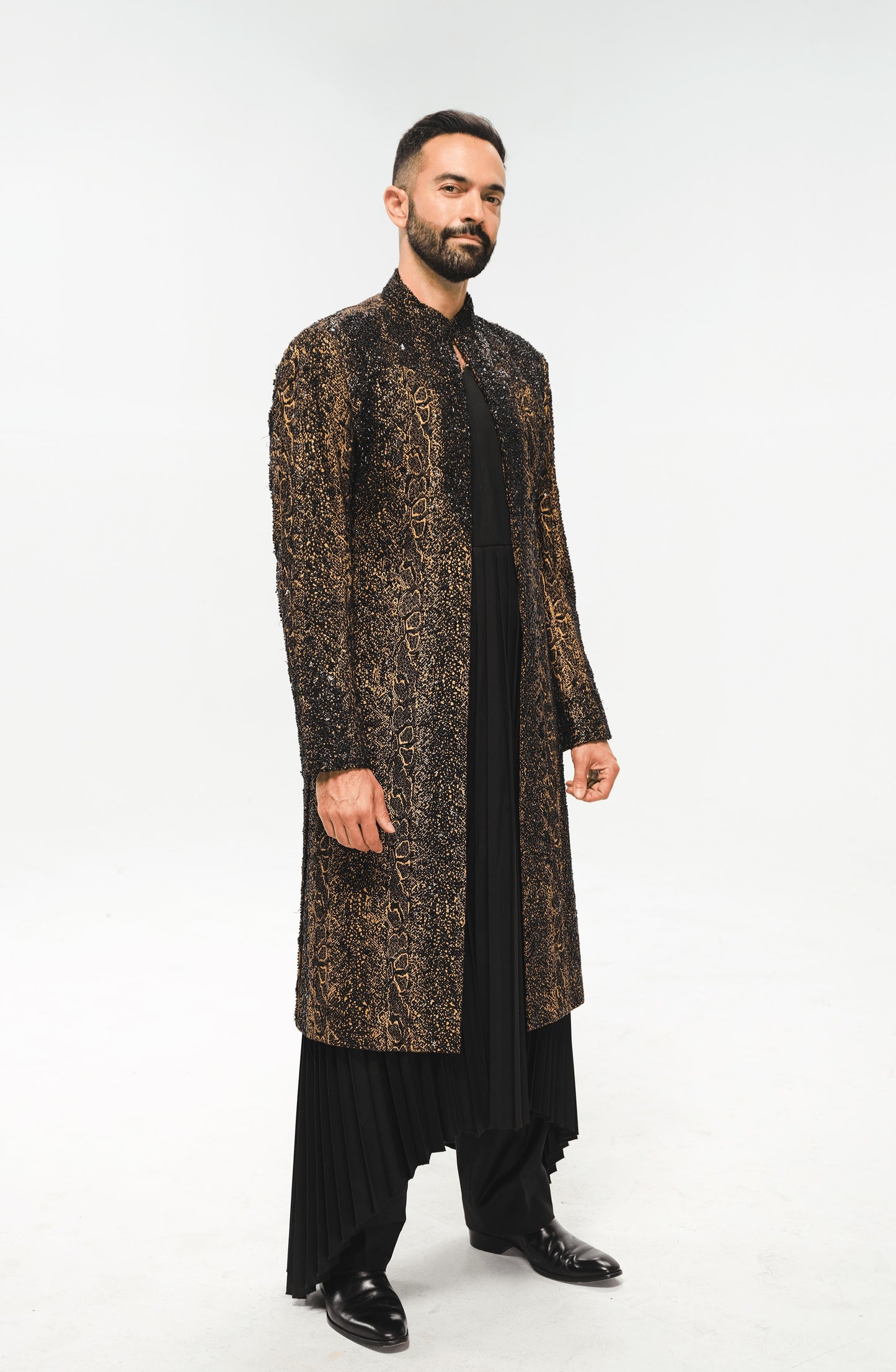 TIFI013 - Black and Gold Sherwani Jacket Ensemble