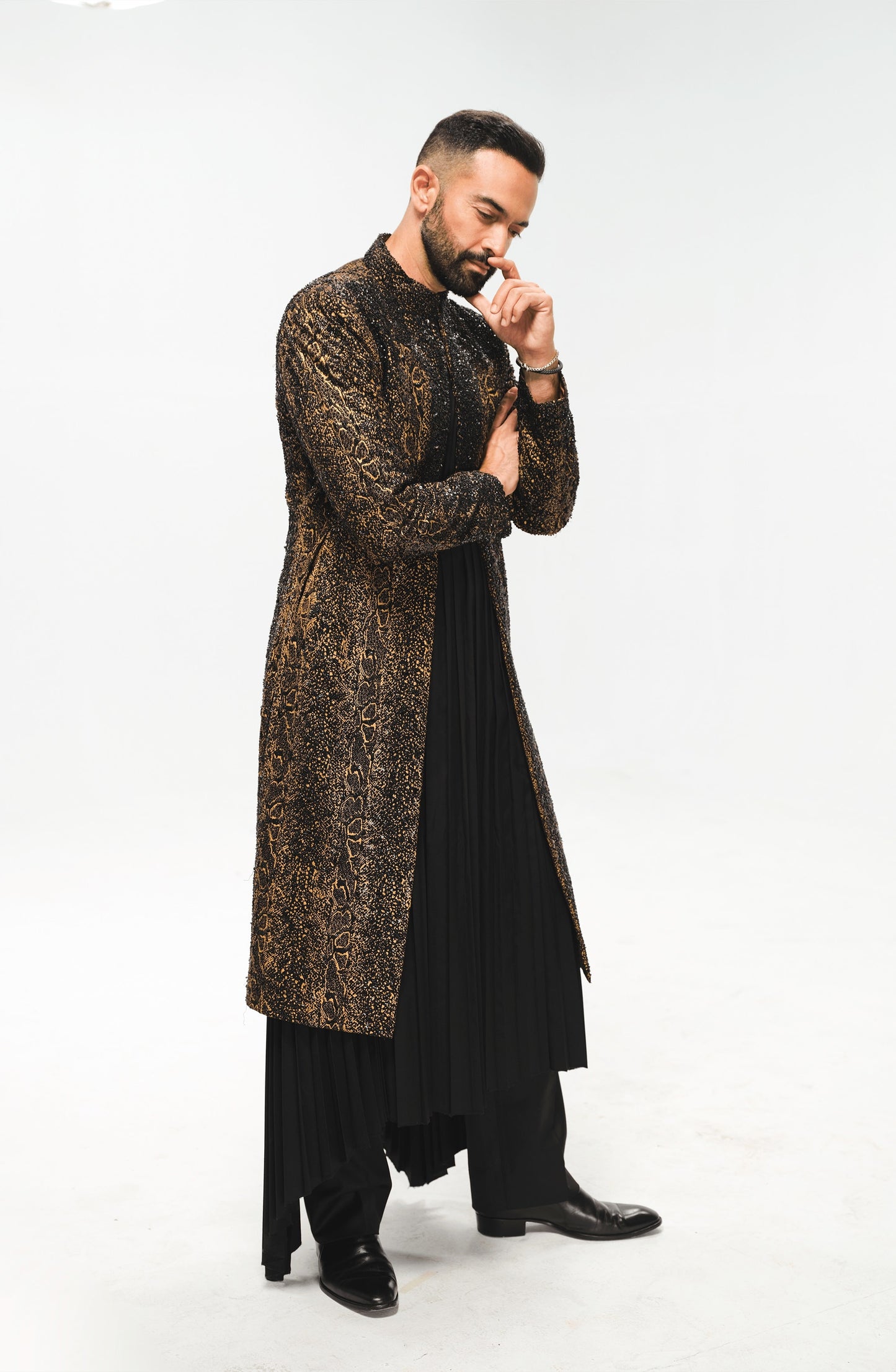 TIFI013 - Black and Gold Sherwani Jacket Ensemble