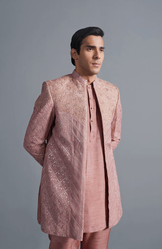 Coral Pink - Cotton Net Short Sherwani Set