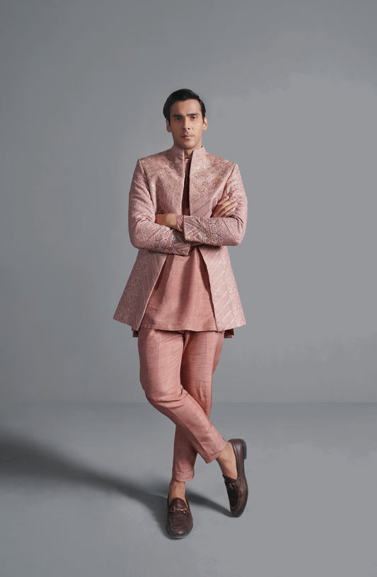 Coral Pink - Cotton Net Short Sherwani Set