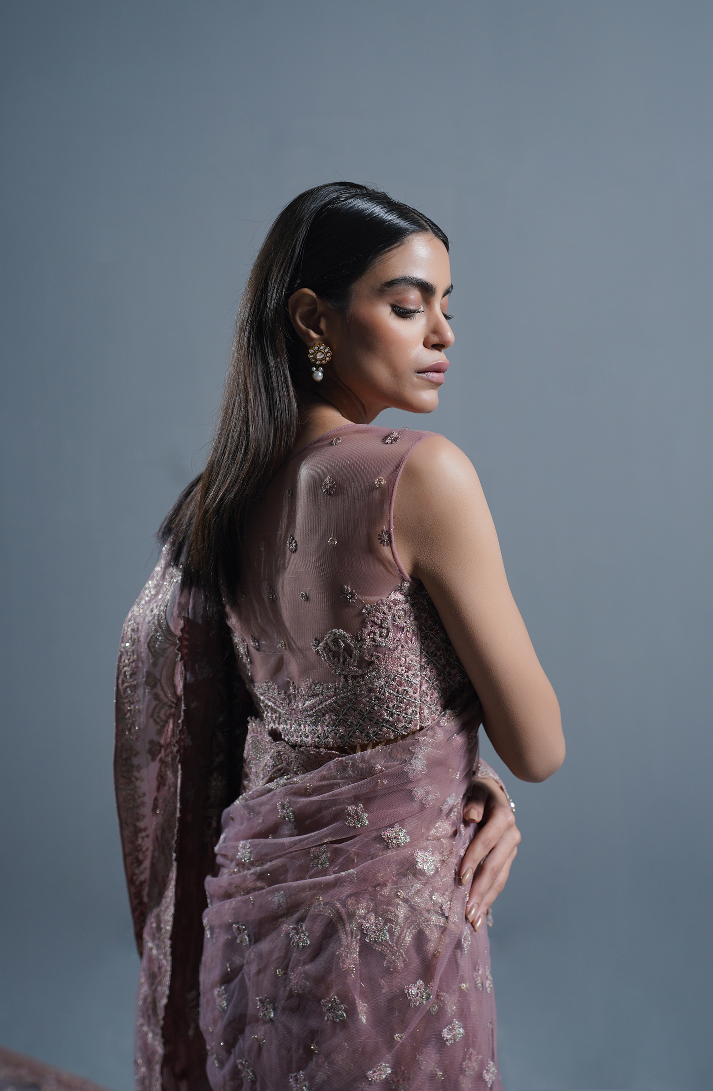 Dusty Rose - Embroidered Net Saree Outfit