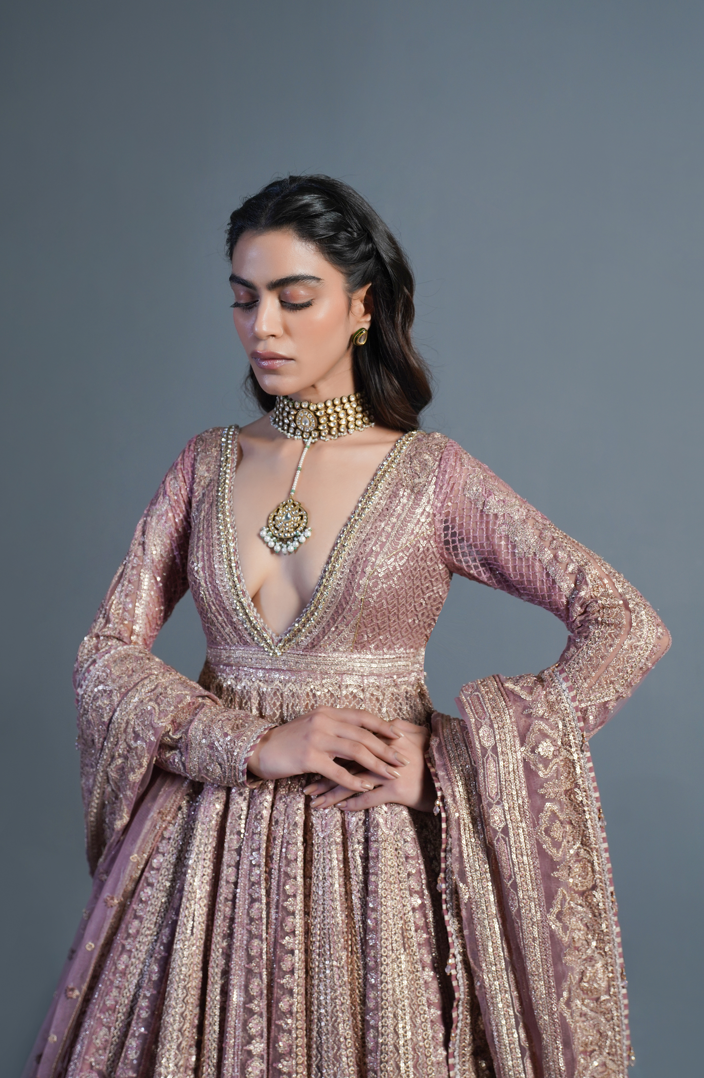 Rose Gold - Embroidered Pishwas Lehenga Set