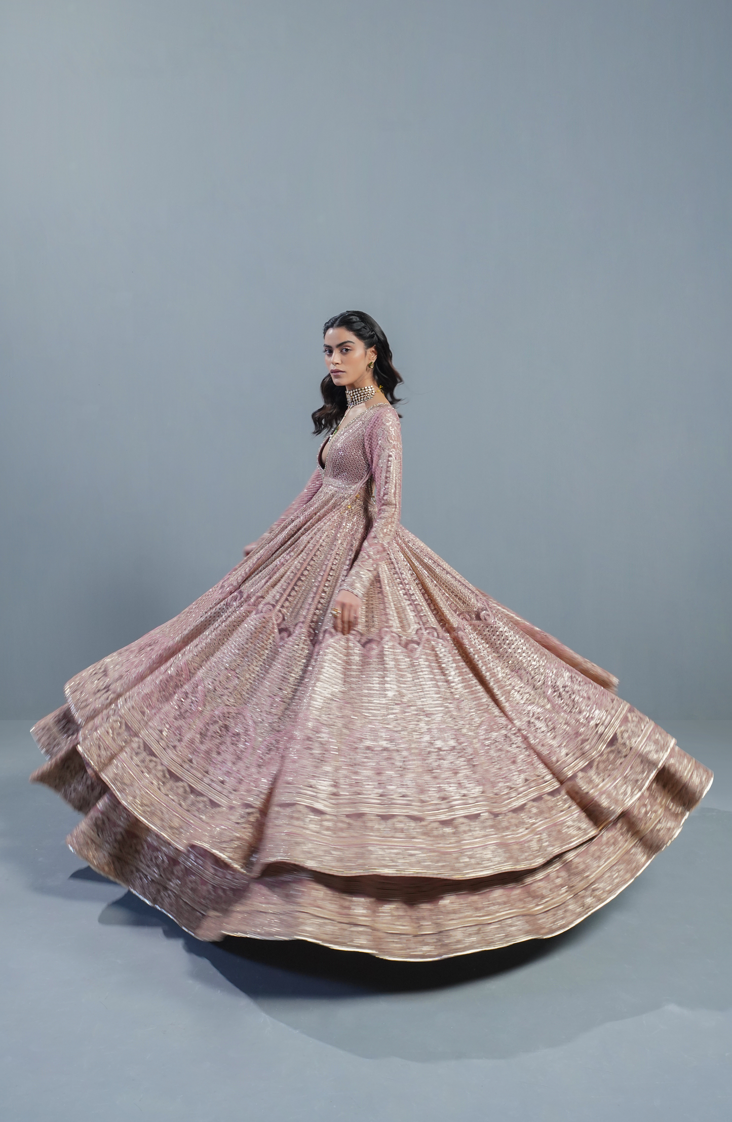 Rose Gold - Embroidered Pishwas Lehenga Set